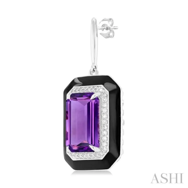 12x8 MM Emerald Cut Amethyst and 1/3 ctw Round Cut Diamond Halo & Black Enamel Border Semi Precious Earrings in 14K White Gold