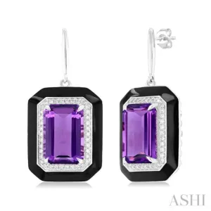 12x8 MM Emerald Cut Amethyst and 1/3 ctw Round Cut Diamond Halo & Black Enamel Border Semi Precious Earrings in 14K White Gold