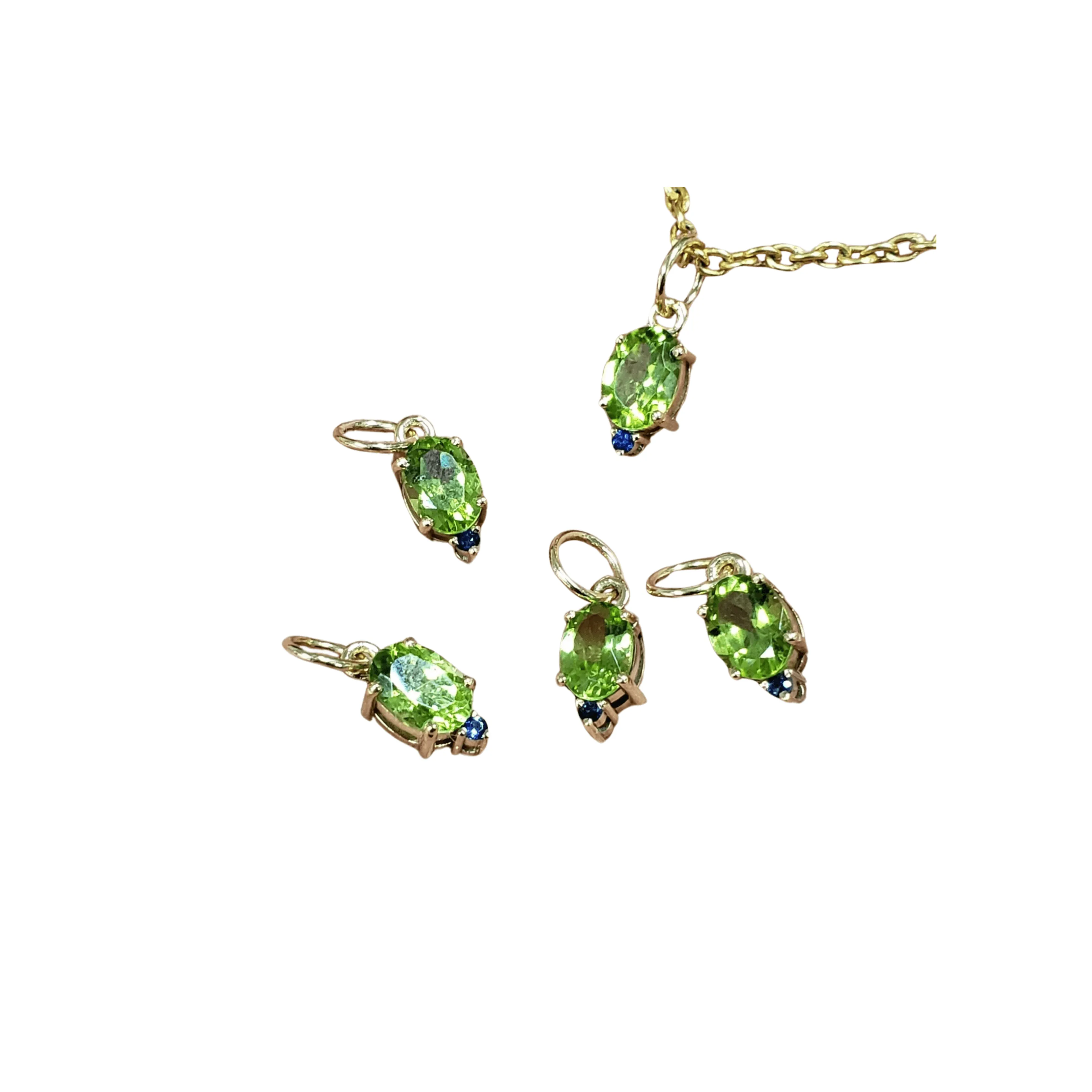 14k Gold Green Peridot With Blue Sapphire Pendant