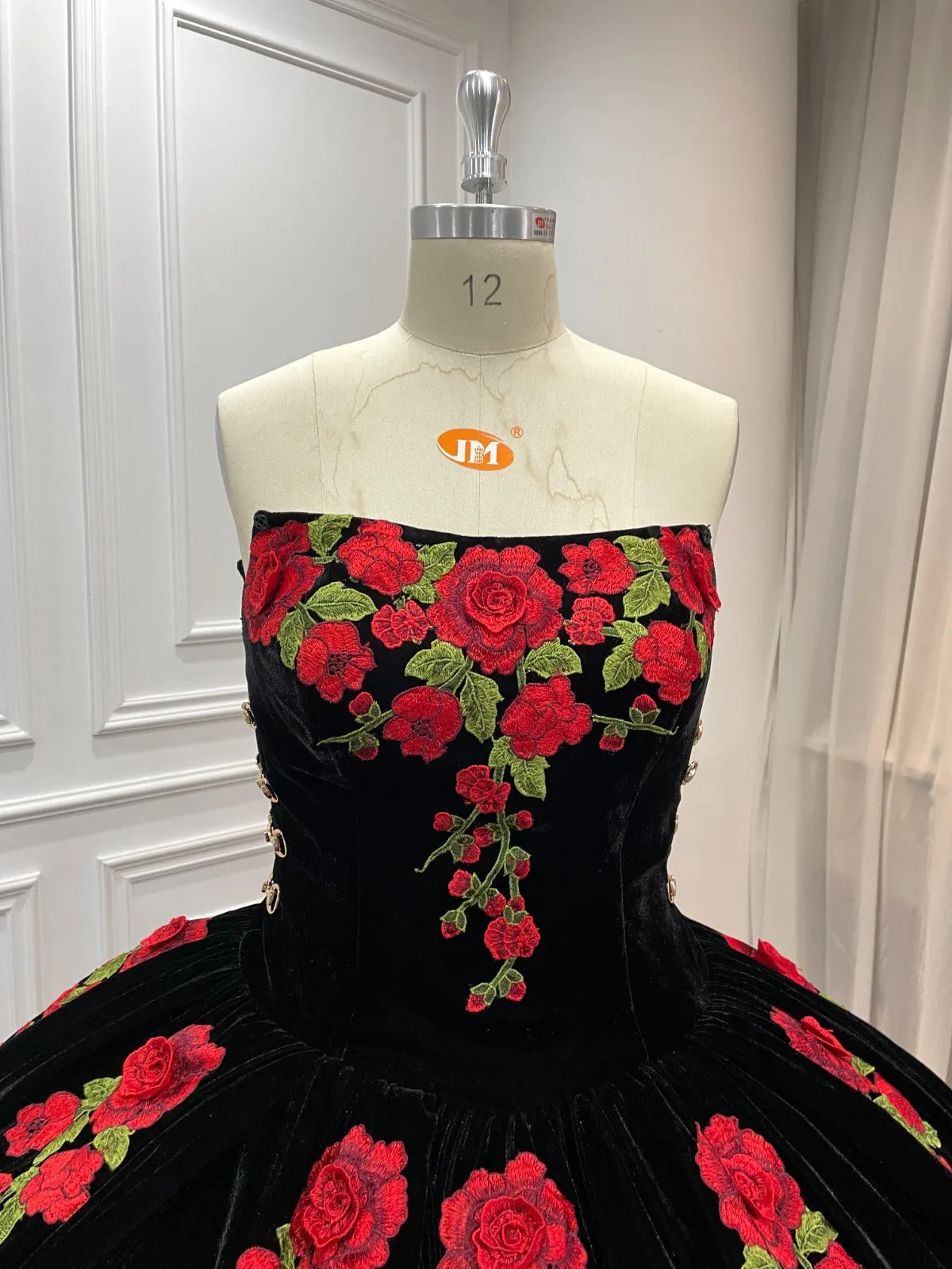 15 by Starr Bridal 3D Rose and Black Sleeves Dress Charro