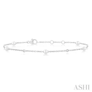 3 MM Round Shape Cultured Pearl and 1/20 ctw Round Cut Diamond Fashion Station Bracelet in 14K White Gold
