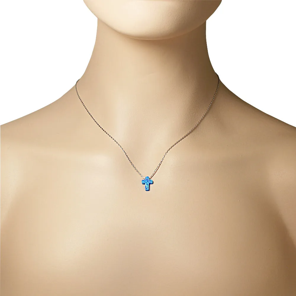 925 Sterling Silver Womens Religious Cross Blue Simulated Opal Pendant Necklace
