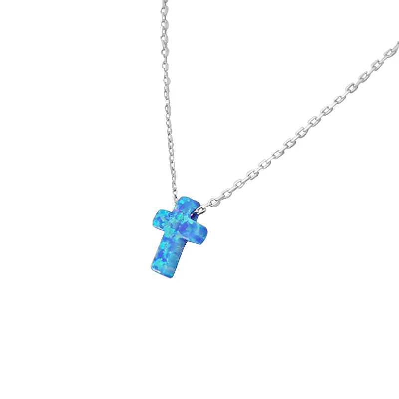 925 Sterling Silver Womens Religious Cross Blue Simulated Opal Pendant Necklace