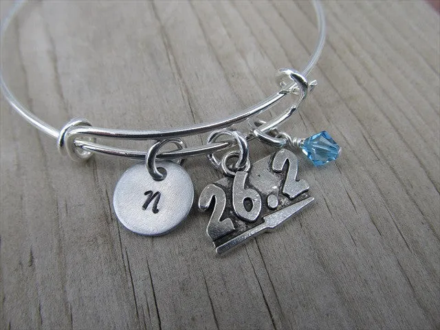 Marathon Charm Bracelet- Adjustable Bangle Bracelet with an Initial Charm and an Accent Bead of your choice