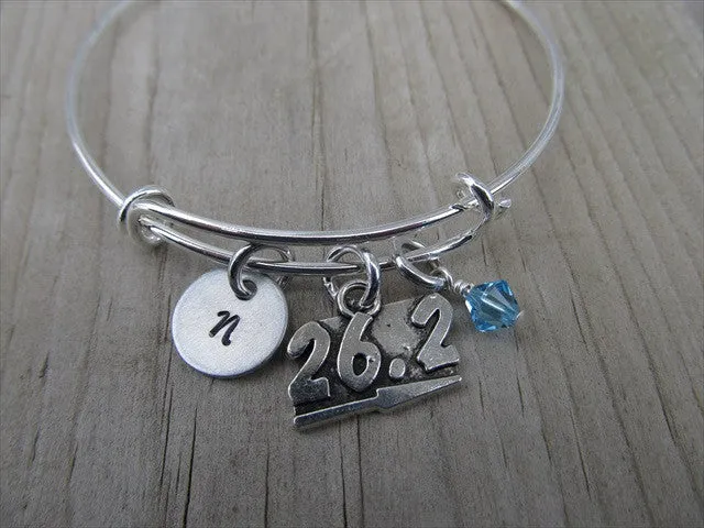 Marathon Charm Bracelet- Adjustable Bangle Bracelet with an Initial Charm and an Accent Bead of your choice
