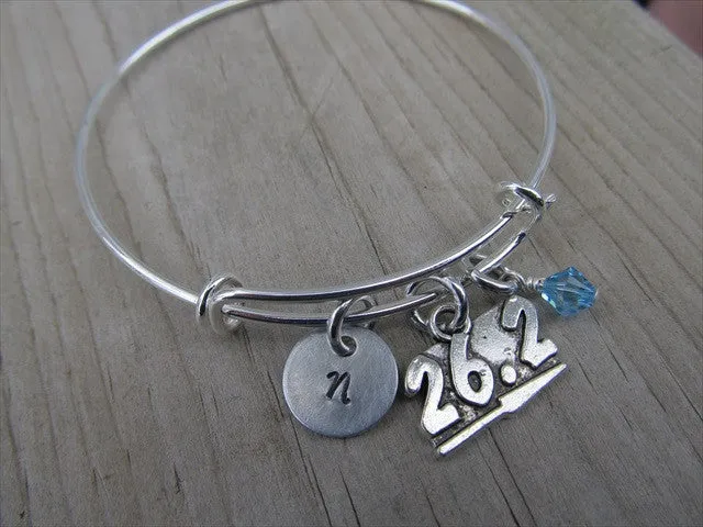Marathon Charm Bracelet- Adjustable Bangle Bracelet with an Initial Charm and an Accent Bead of your choice