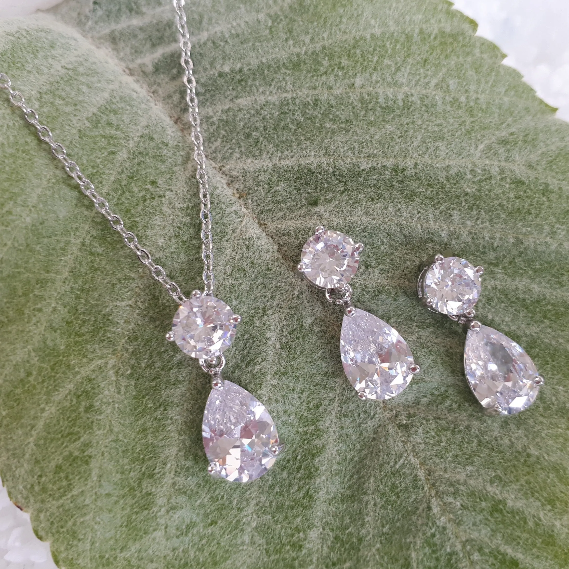 Maria Bridal Jewellery Set, Silver Crystal Teardrop Earrings & Pendant