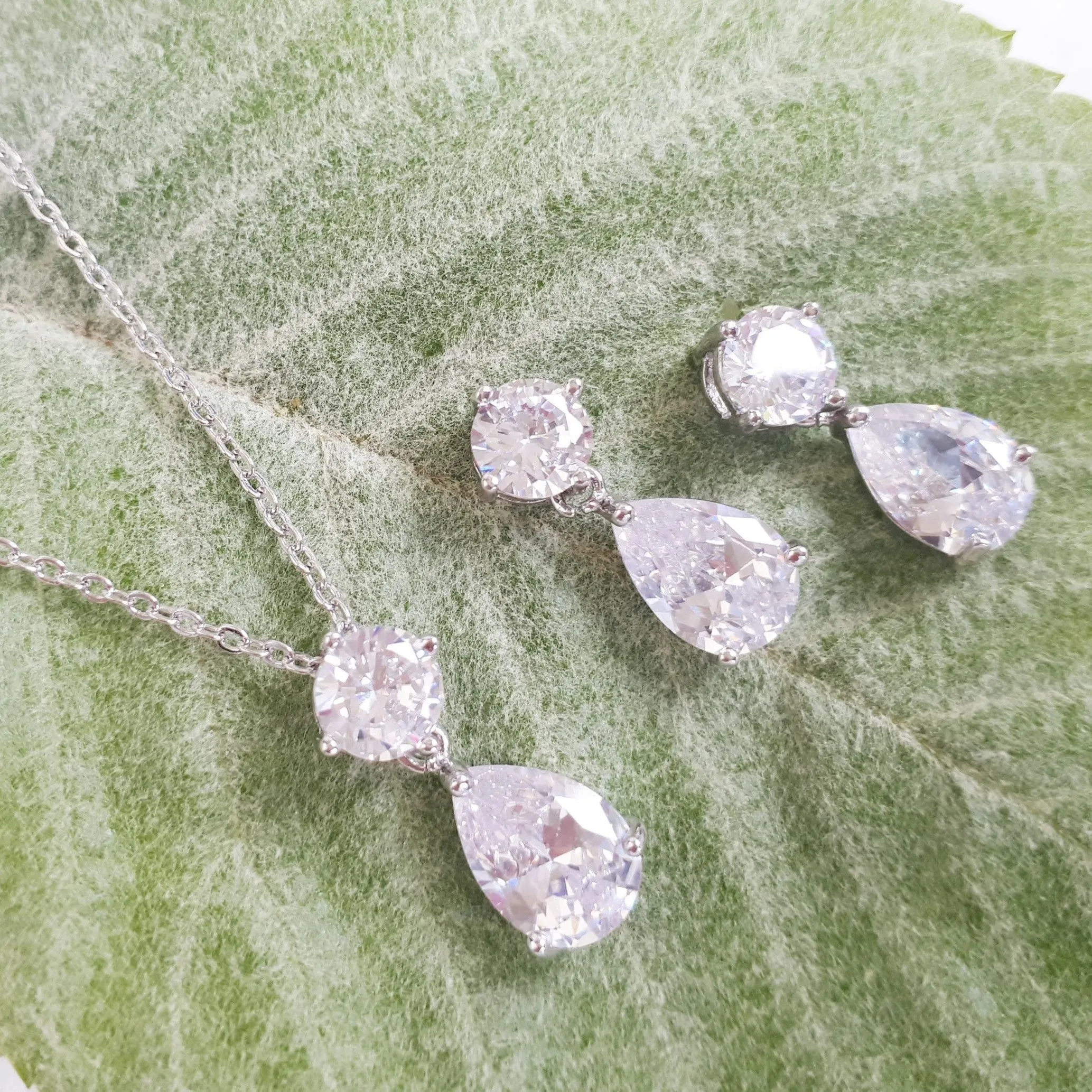 Maria Bridal Jewellery Set, Silver Crystal Teardrop Earrings & Pendant