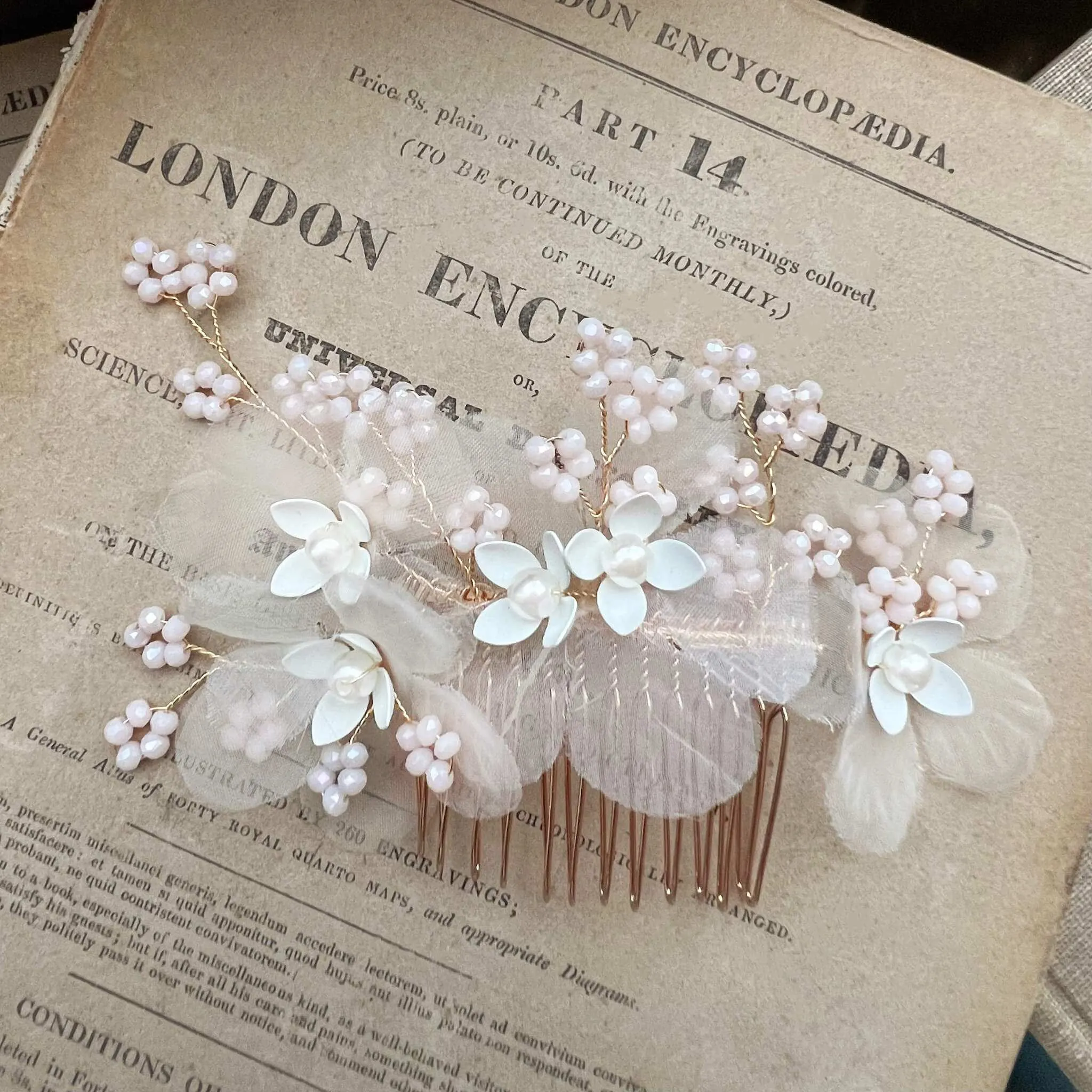 Meyeri, Chiffon Floral Hair Comb with Pearls & Beading