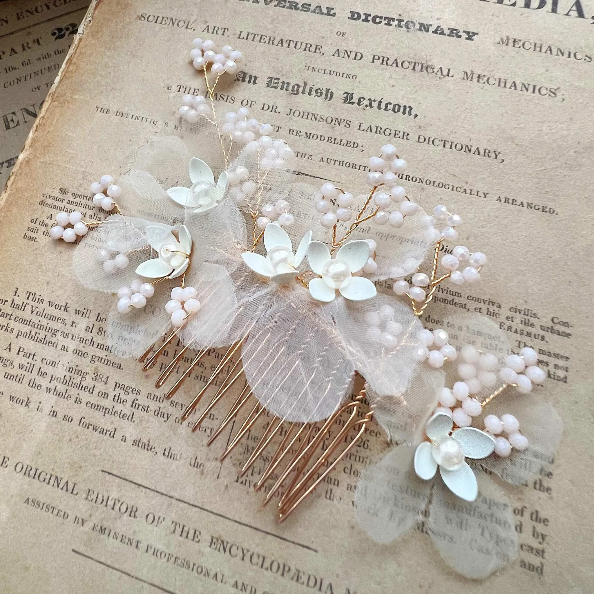 Meyeri, Chiffon Floral Hair Comb with Pearls & Beading