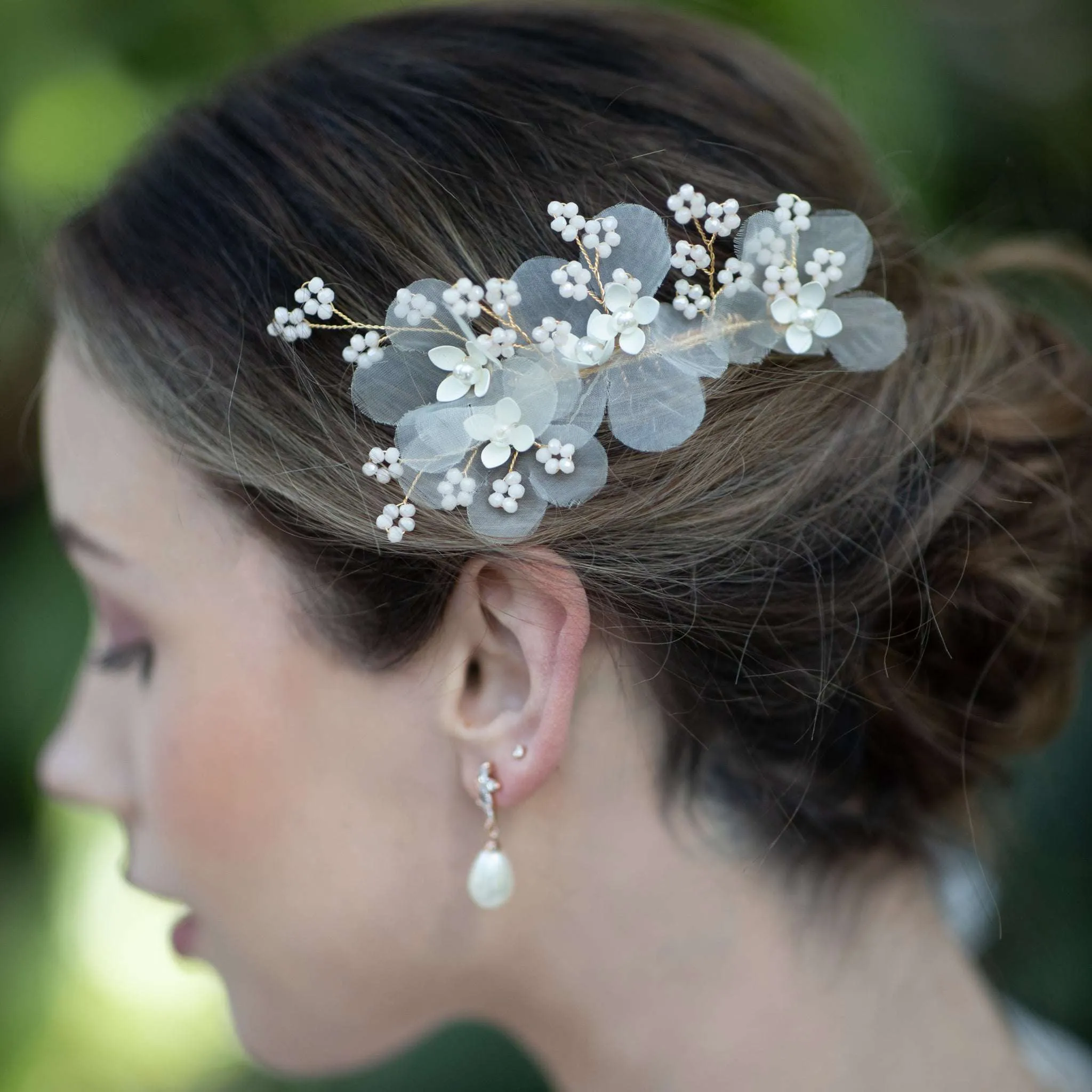 Meyeri, Chiffon Floral Hair Comb with Pearls & Beading