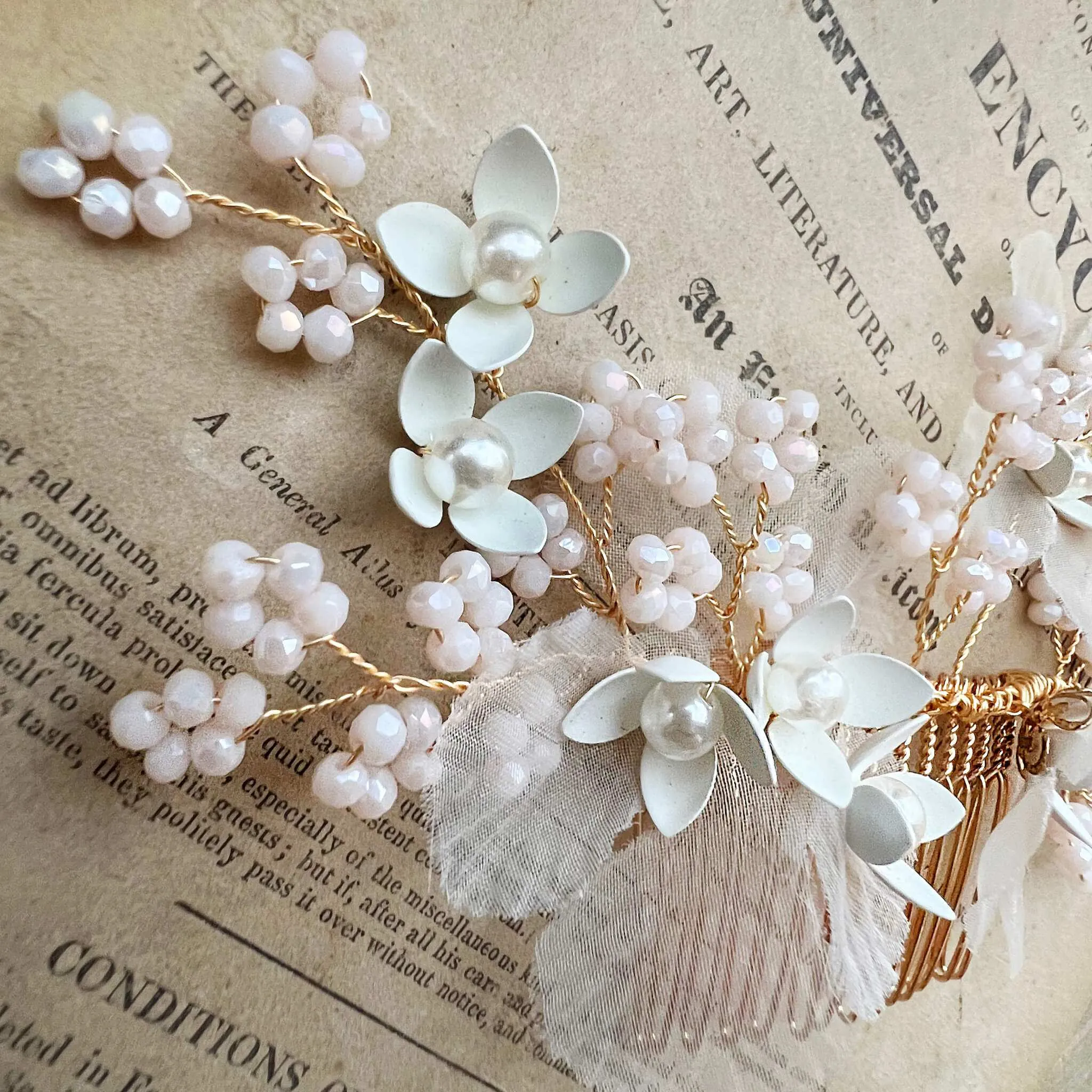 Meyeri, Chiffon Floral Hair Comb with Pearls & Beading