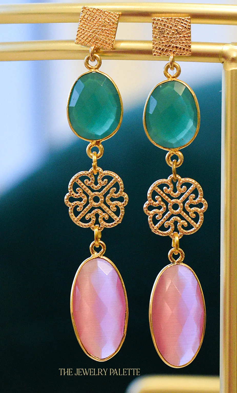 Penelope green and pink gemstone with filigree earrings