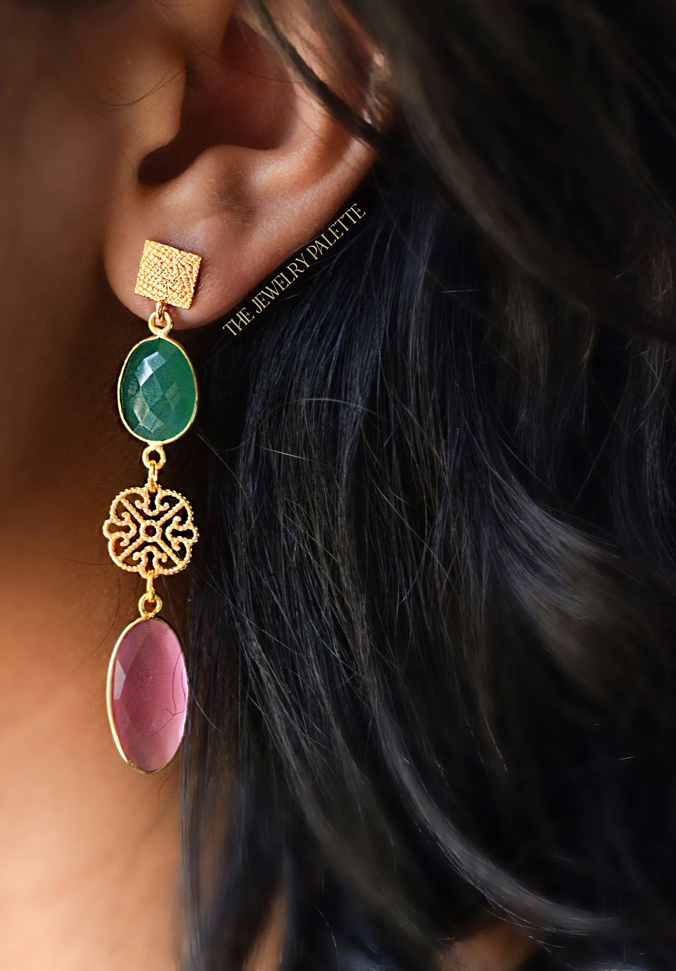 Penelope green and pink gemstone with filigree earrings