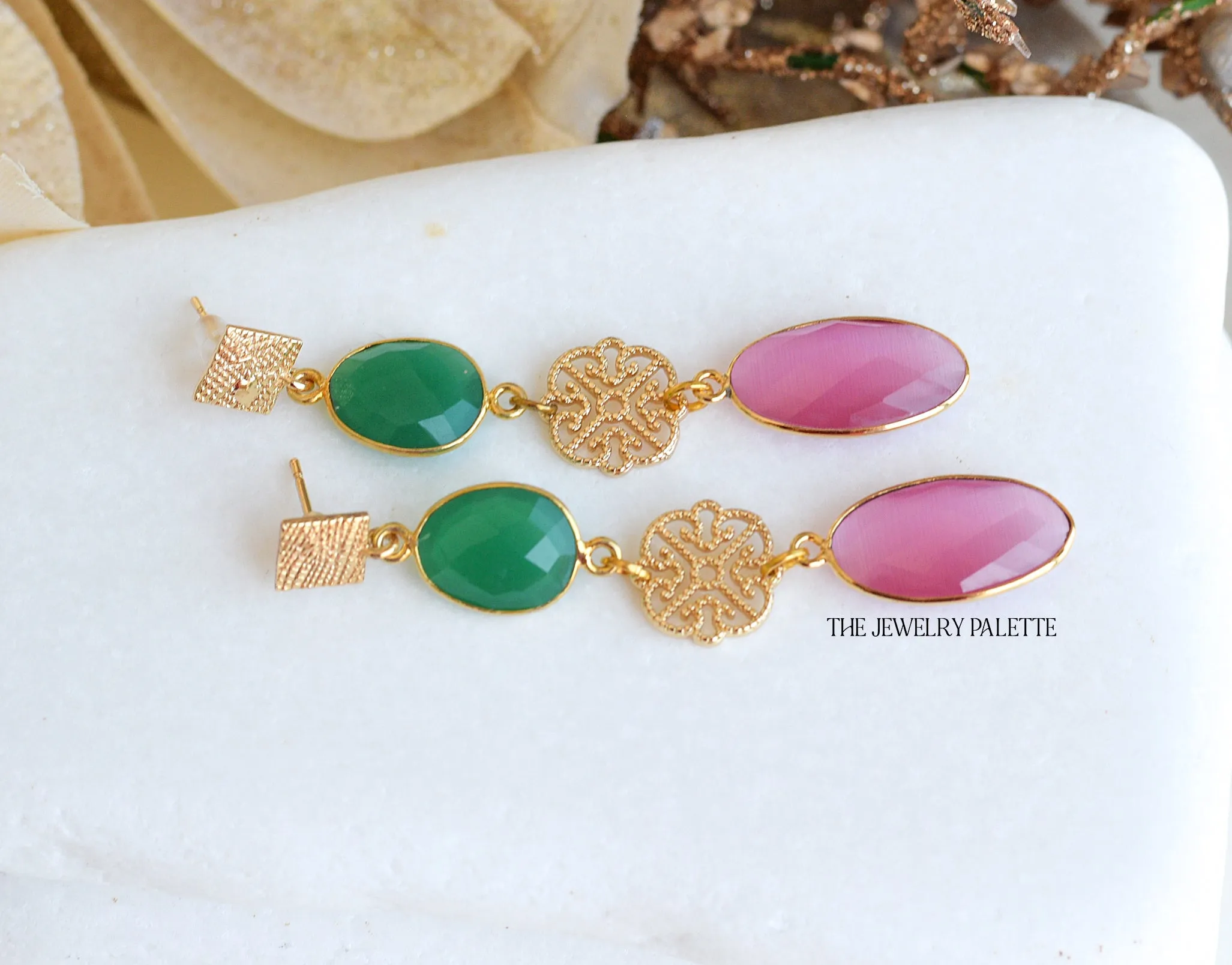 Penelope green and pink gemstone with filigree earrings