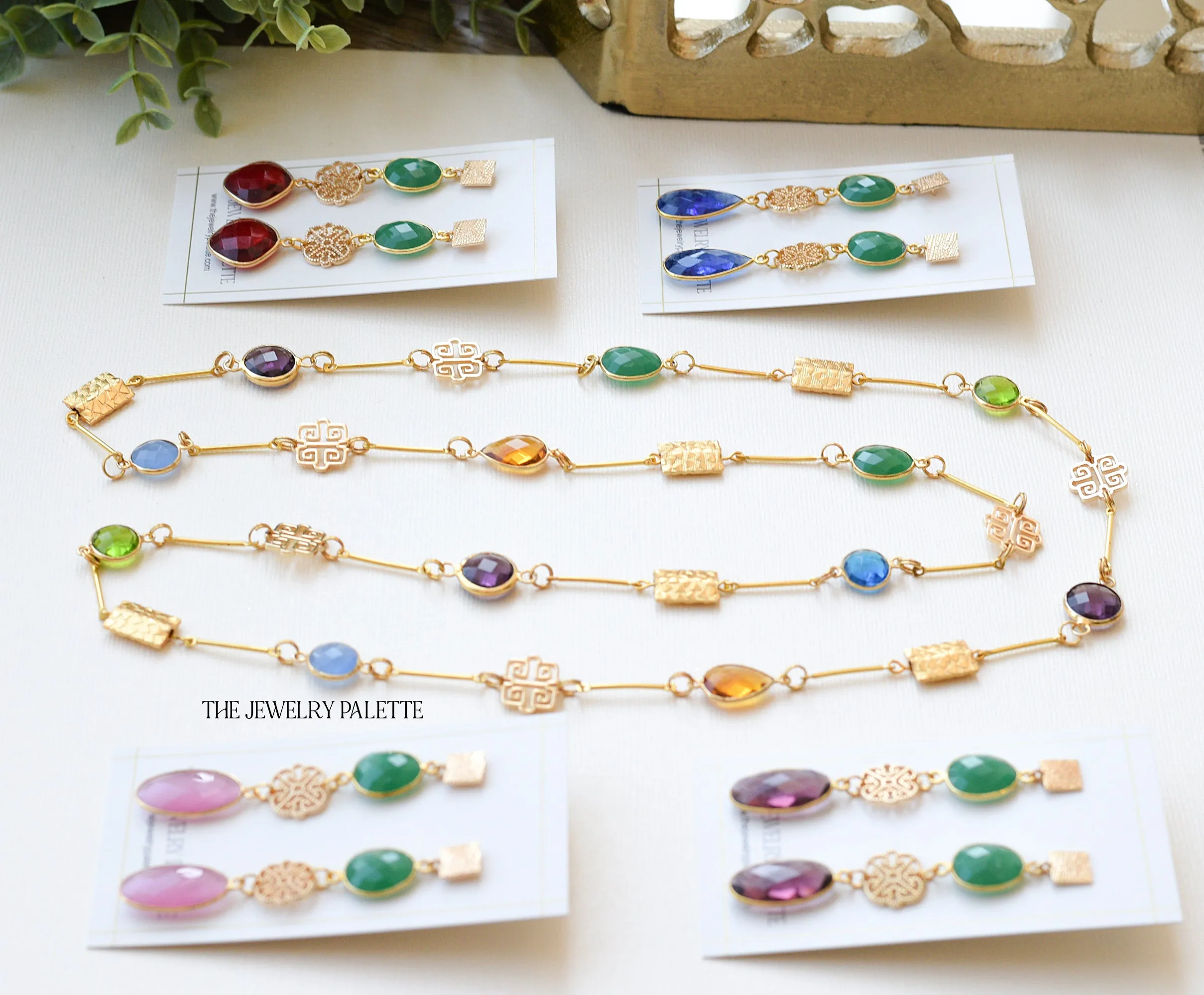 Penelope green and pink gemstone with filigree earrings