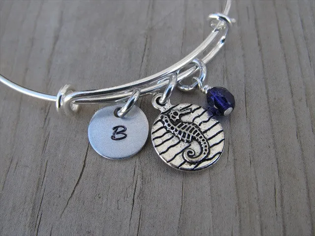Seahorse Charm Bracelet- Adjustable Bangle Bracelet with an Initial Charm and an Accent Bead of your choice