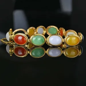 Vintage 14K Gold Oval Cabochon Jade Bracelet, Multi Color
